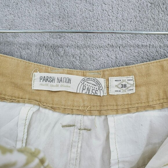 Parish Nation Mens Bermuda Shorts 38 Tan Cream Ikat Print Button Fly Retro 90s - Picture 2 of 9